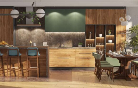 Šank u kuhinji, trpezarijski sto i kuhinja sa svim elementima