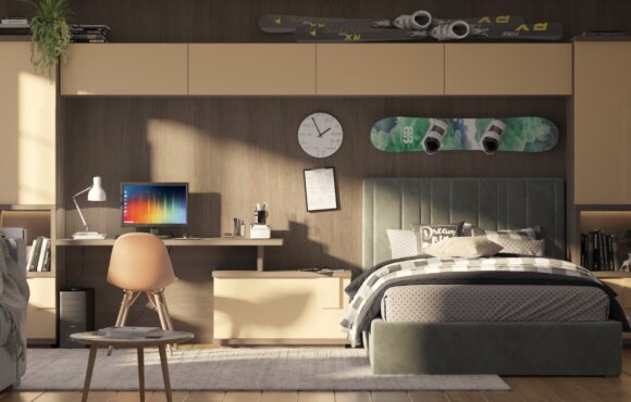 Dečija spavaća soba sa krevetom i radnim stolom.