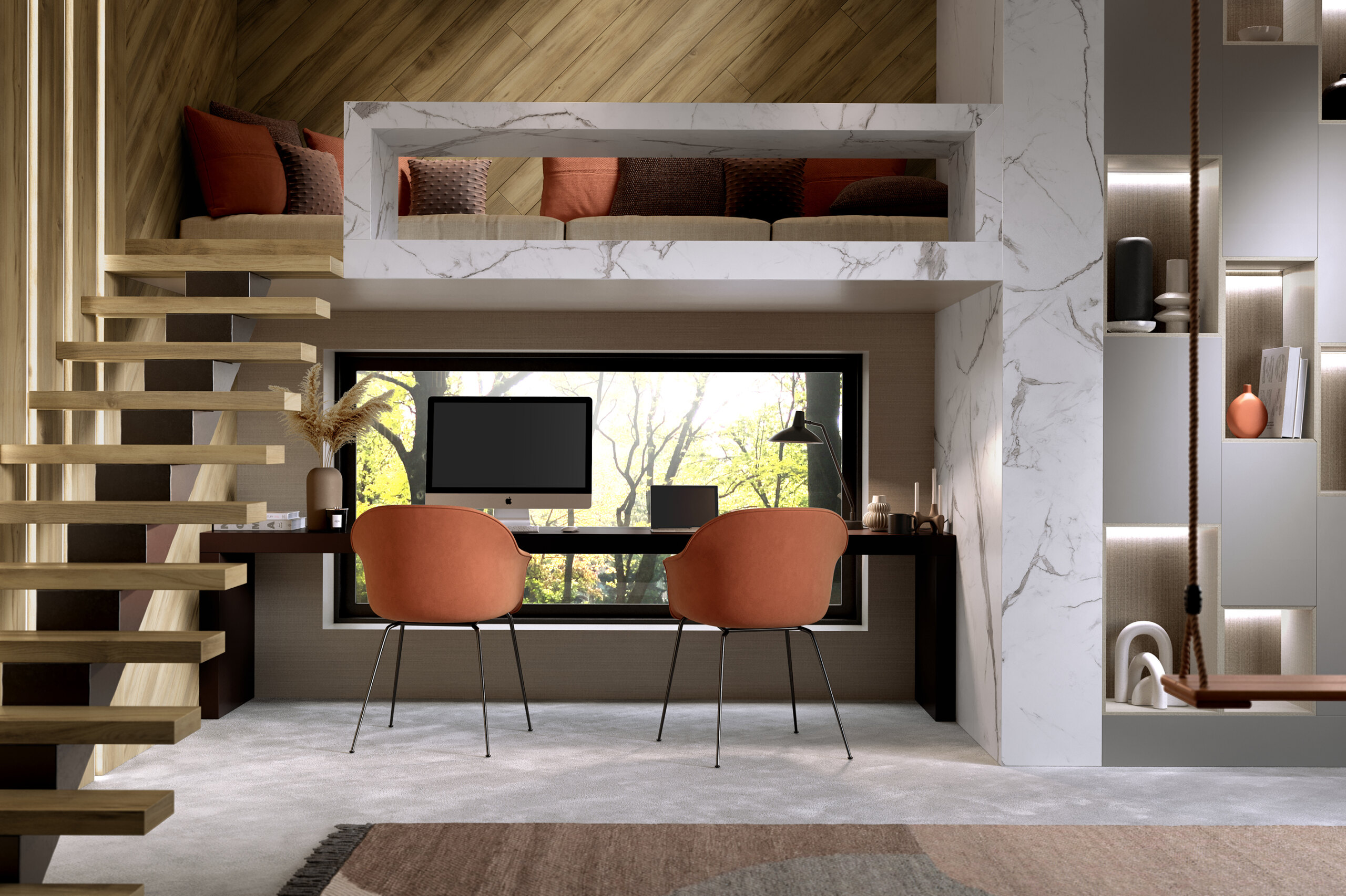 Savremeni studio apartman u loft stilu sa otvorenim prostorom za život koji ima mezonin spavaću sobu, drvene stepenice, mermerni dodaci i savremeni nameštaj