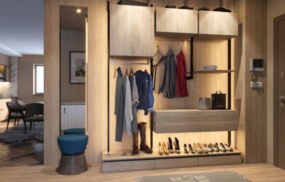 Usko uređeno predsoblje sa otvorenim policama.