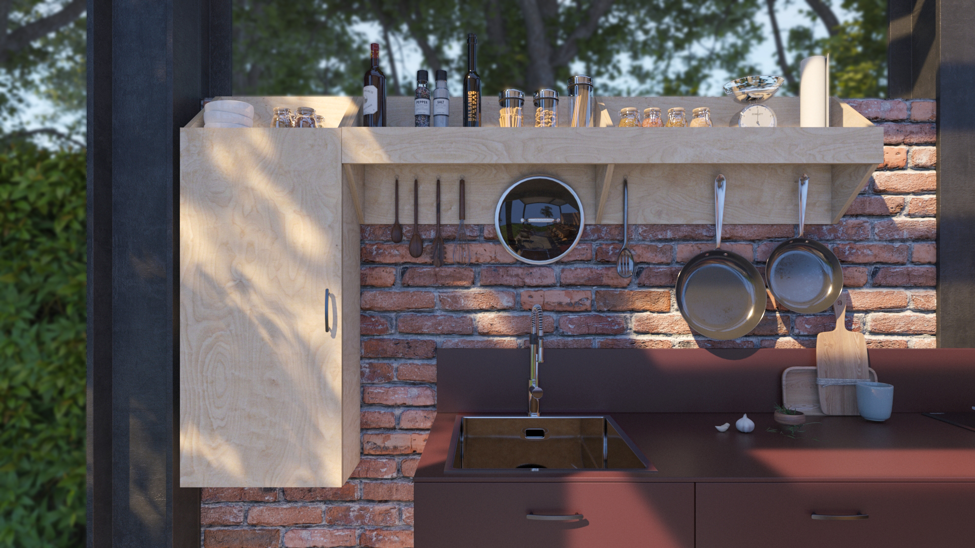 Letnja kuhinja sa drvenim visećim elementima i otvorenim policama