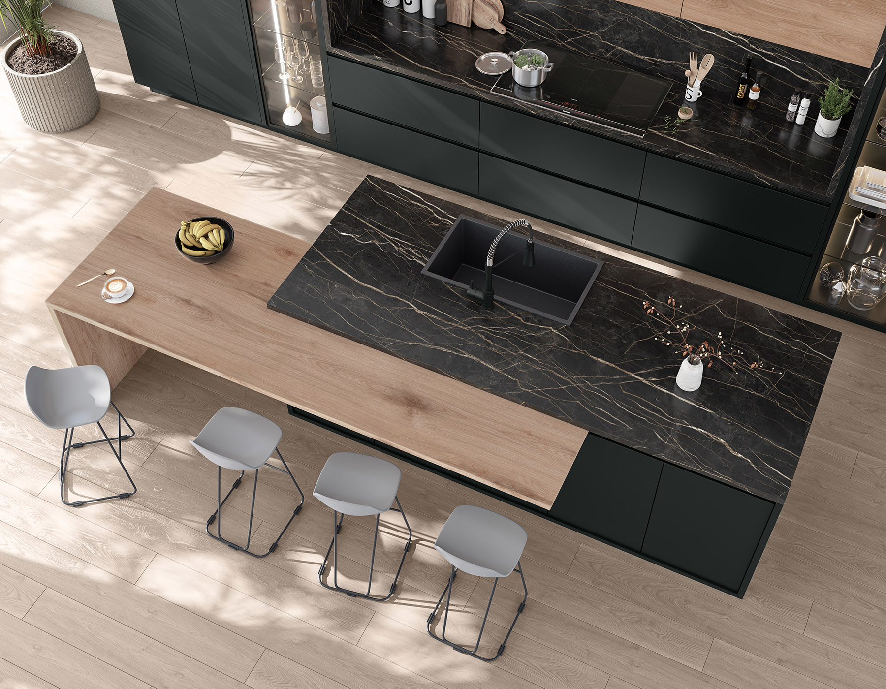 Crna kuhinja sa elementima u boji drveta