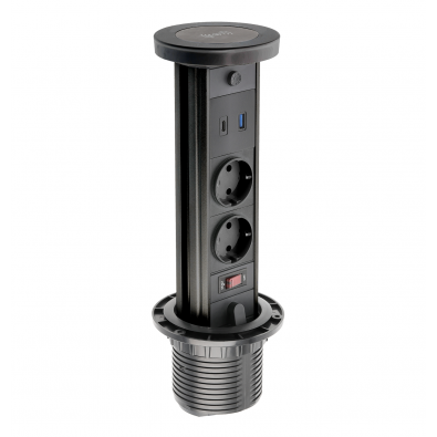 Utičnica izvlačna GTV crna FI 80,2 Šuko,1USB A+C,Led lampa,Bežični punjač 10W Camino 3407110