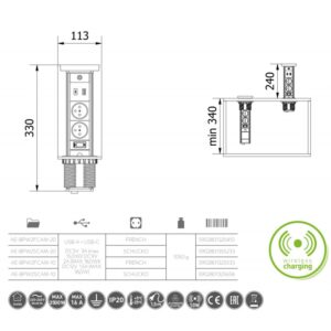 Utičnica izvlačna GTV crna FI 80,2 Šuko,1USB A+C,Led lampa,Bežični punjač 10W Camino 3407110_1