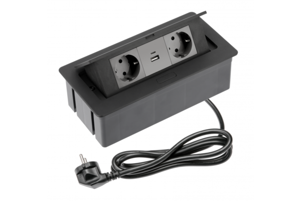 Utičnica izvlačna GTV crna horizontalna 2 Šuko,Usb A+C 3407244_01