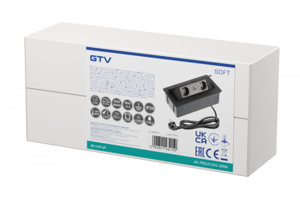 Utičnica izvlačna GTV crna horizontalna 2 Šuko,Usb A+C 3407244_02