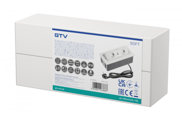 Utičnica izvlačna GTV bela horizontalna 2 Šuko,2Usb Soft ,sa kablom 3407274_02