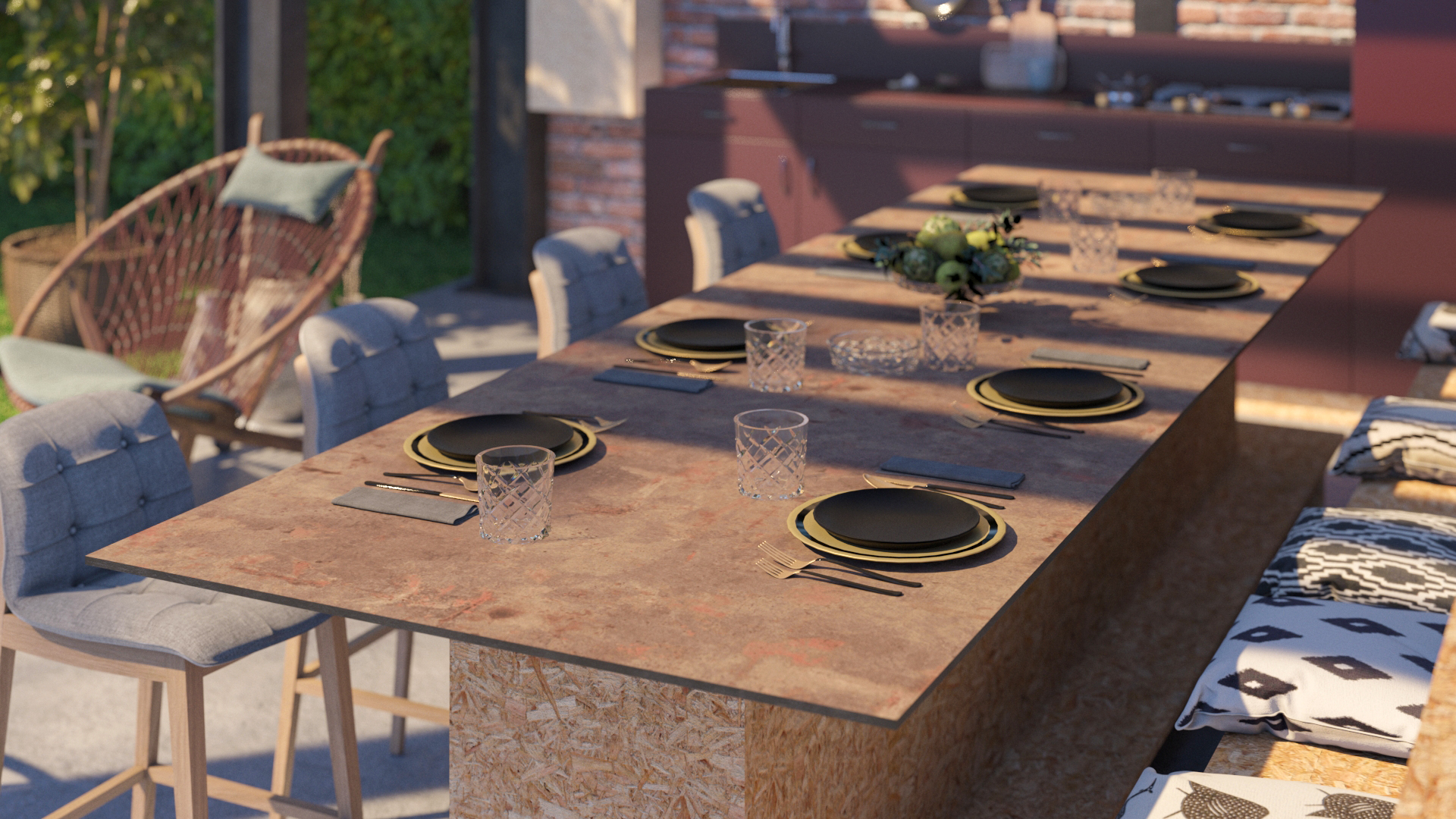 Veliki trpezarijski sto od iverice u dvori&scaron;tu.